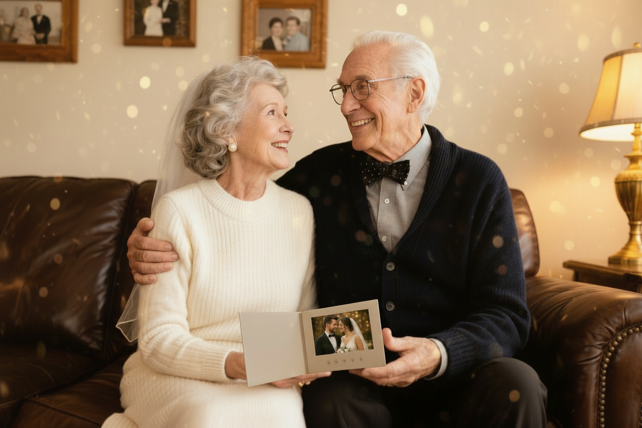 Senior couple holding a photo album with a warm interior setting
